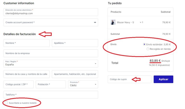 Datos de envío y facturación en la página de finalizar compra